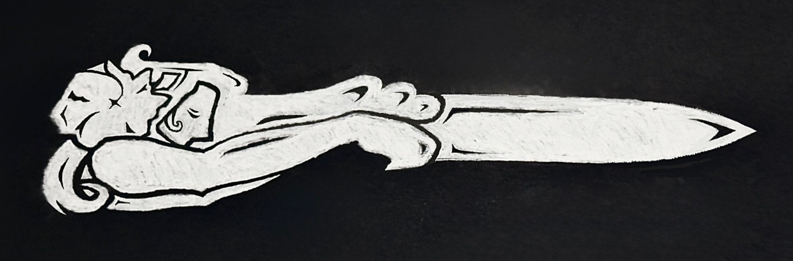 Adaga ornamentada desenhada em branco sobre fundo preto